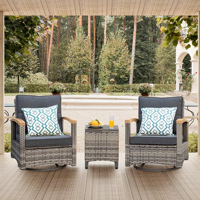 MEISSALIVVE 3 Piece Outdoor Swivel Rocker, Patio Furniture Bistro Set with 360° Wood Armrests Swivel Rocking Chairs and Side Table for Porch,Deck,Balcony(Grey)
