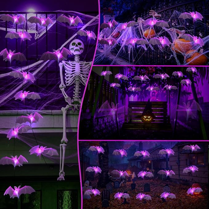 Halloween Decorations Outdoor 3D Flying Bats Solar String Lights | 15LED Bat String Lights, Halloween Garden Lights with 8 Lighting Modes, Light up Hanging Bats for Yard,Fence,Rail,Porch Decor