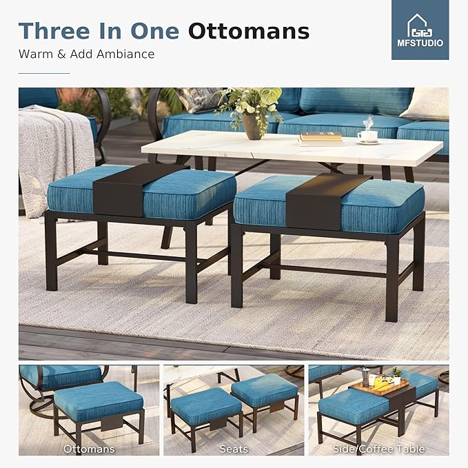 MFSTUDIO 7 Pieces Metal Patio Furniture Sets, 2 Swivel Chairs, 3-Seat Deep Seating Sofa, 2 Single Couch and 2 Ottoman, All Weather 9 Seats Outdoor Conversation Set for Garden Backyard, Peacock Blue