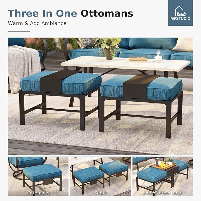 MFSTUDIO 5 Pieces Patio Conversation Sets,Outdoor Metal Furniture Sofas with 1 x 3-Seat Sofa, 2 x Swivel Chairs,2 x Ottoman,Wrought Iron Frame with Peacock Blue Cushion for Patio Courtyard Balcony