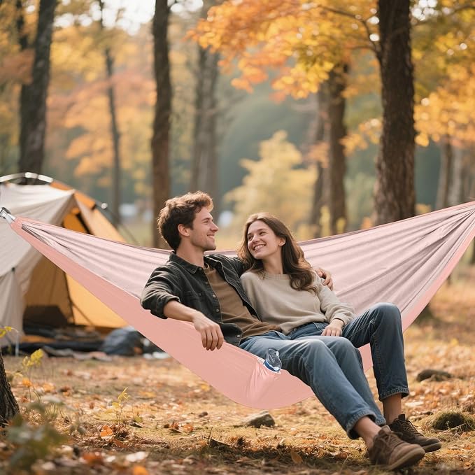 Pink Solid Color Camping Hammock, Portable Lightweight Single Hammock with Tree Straps and Aluminum Carabiners, 114" x 54" Travel Hammock for Hiking Backpacking Beach