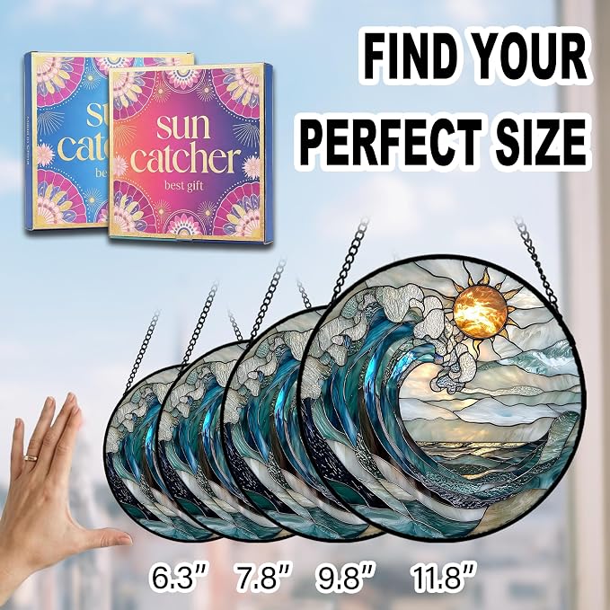 Birthday Gifts for Women - Sunrise Ocean Waves Faux Stained Glass Window Hanging Sun Catcher Mother's Day for Mom Nana Friend Grandma Wife and Door Garden Acrylic Home Decor 9.8"