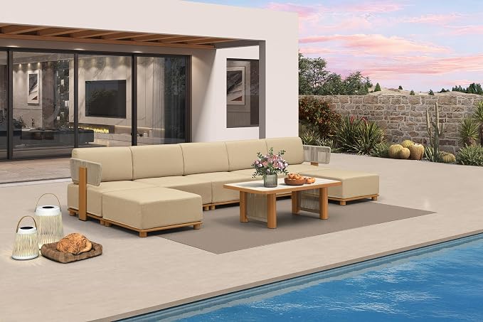 PURPLE LEAF Patio Furniture Set Modular U-Shaped Outdoor Sectional Sofa with 11" Thick Cushion 8-Piece Outdoor Conversation Set w/Ottomans & White Lights for Backyard Poolside Table Included, Beige