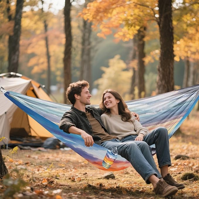 Qilmy Sunset Camping Hammock Single – 330 lbs Capacity, Lightweight with Tree Straps & Carabiners, Portable for Hiking, Travel, Backpacking