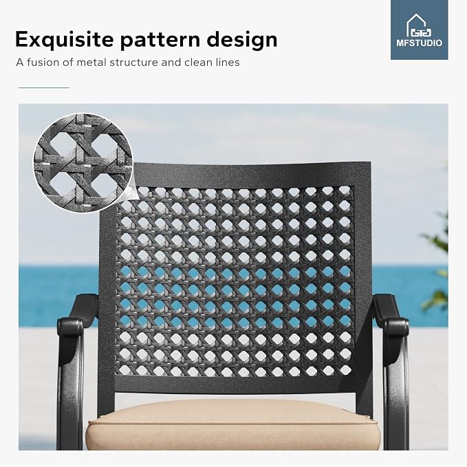 MFSTUDIO Round Patio Table and Chairs，Metal Outdoor Dining Set for 4 with Umbrella Hole, 5 Piece Patio Furniture Set for Deck, Backyard, Poolside & Garden