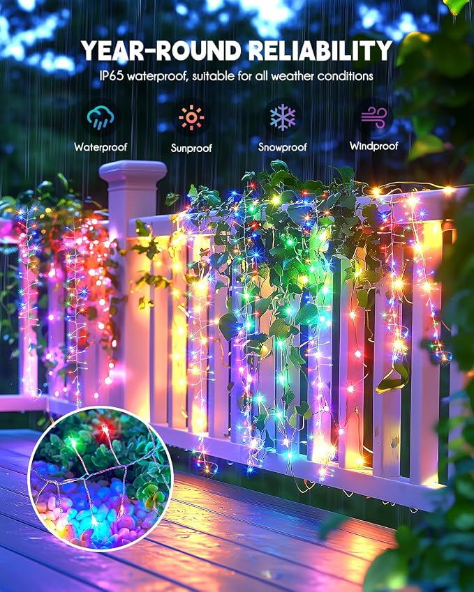 120 LED Solar Fairy Lights Outdoor Waterproof IP65, 10FT 8 Lighting Modes | Solar Christmas Lights Outdoor Waterproof Cascading Twinkle Lights Balcony Garland Patio Christmas Decorations, Multicolor