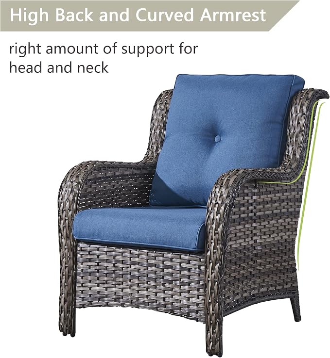 Rilyson Luxury 4 Pieces Patio Wicker Furniture Ottomans, Wicker Patio Chairs Set of 2 with Ottoman, Rattan Outdoor Porch Chair with Thick Cushion for Balcony Deck Yard and Porch (Grey/Blue)