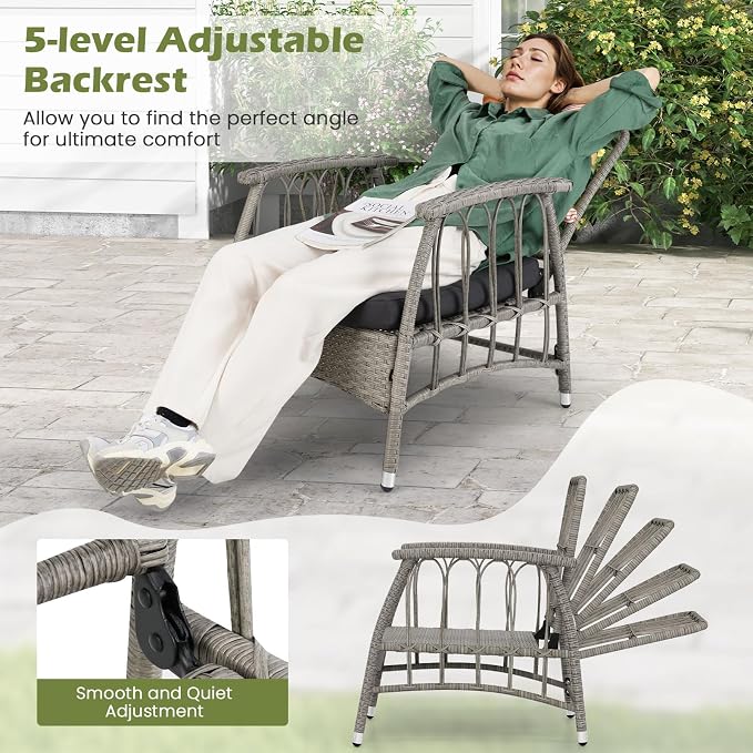 Tangkula 3 Pieces Patio Wicker Furniture Set, 5-Level Adjustable Backrest Cushioned Outdoor Conversation Bistro Chairs and Coffee Table Set, for Lawn, Garden, Poolside and Balcony (Mix Grey)