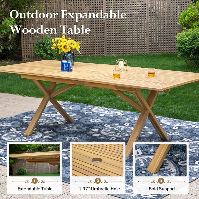 HERA'S HOUSE 9pc Patio Dining Set, Expandable Acacia Wood Table + 8 Chairs | Rectangular wooden table with umbrella hole, Fade-resistant, all-weather furniture for backyard, garden & poolside