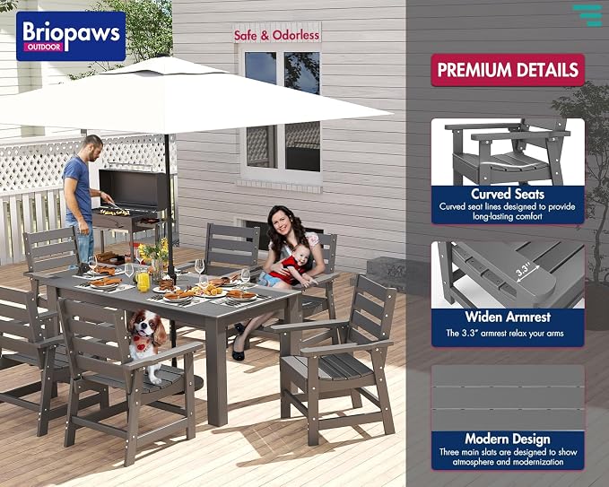 BRIOPAWS Outdoor Dining Table | HDPE | 67” Patio Rectangle Tables | All Weather | Umbrella Hole | Patio Furniture Set for 4-6 Person | Grey