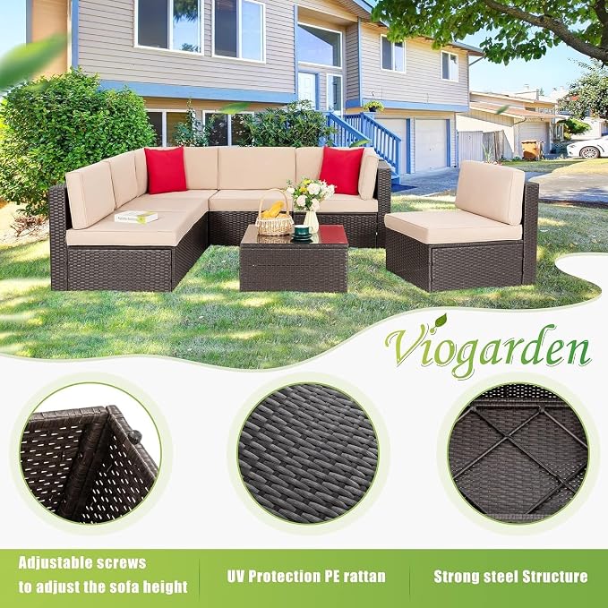 7 Pieces Outdoor Patio Furniture Set with Cushions, PE Manual Weaving Rattan Sectional Sofa, Glass Table Included, Weather Patio Conversation Set for Garden Backyard Deck(Red)