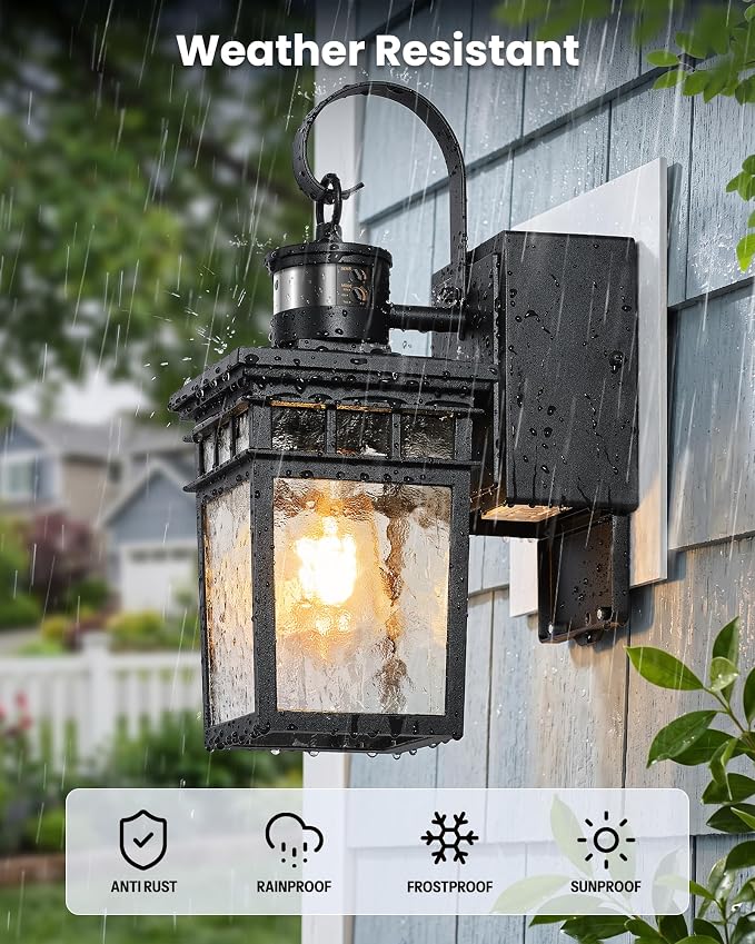 Gleamz Adjustable Time & Distance Outdoor Light with GFCI Outlet, 2 Pack Motion Sensor Outdoor Light Fixture, Black Dusk to Dawn Outdoor Lights for House, Patio, Garage, Waterproof, Aluminum