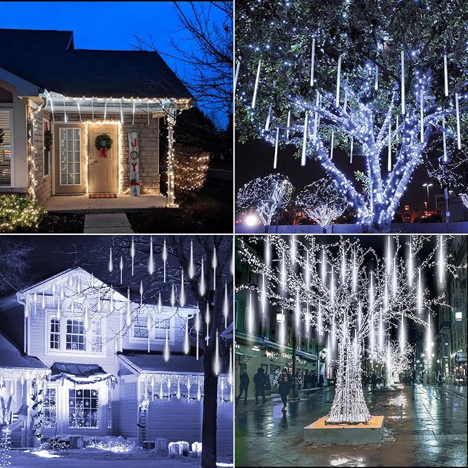 Meteor Shower Lights Outdoor, 2 Pack 11.8 Inches 10 Tubes 240 LED Snowfall Lights, Waterproof Meteor Christmas Light, Hanging Falling Rain Light for Tree Bushes Holiday Party Decoration, White