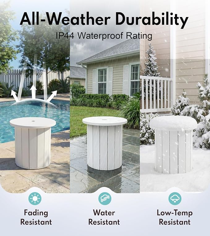 PASAMIC 2-in-1 Patio Table Umbrella & Outdoor Side Table, Large Round Small Outdoor Table with Umbrella Hole, Fits 1.5-1.9in Pole, 5Gal Water Bag Base, HDPE for Poolside, Deck, Garden Use, White