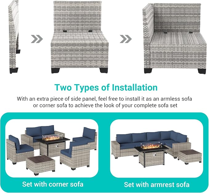 13-Piece Outdoor Patio Furniture Set with Rocking Swivel Chair, PE Wicker Rattan Sectional Sofa Patio Conversation Set with 55,000 BTU Fire Pit Table & Chunky Arms, Navy Blue