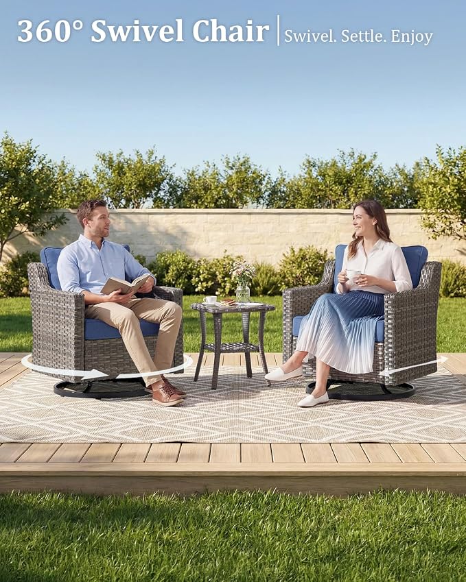 Outdoor Furniture Set of 5, Patio Furniture Set with Wicker Swivel Rocker Chairs, Ottomans and Side Table, High Back&Deep Seat for Garden Deck Porch Balcony Backyard - Blue