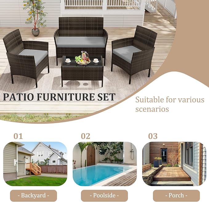 4 Piece Patio Furniture Set, Sectional Conversation Sofa Set with Glass Coffee Table, Cushions & Loveseat, Wicker Outdoor Table and Chairs for Pool, Garden, Deck, Backyard (1, Grey)