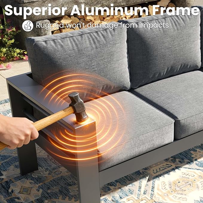 4 Pieces Modern Aluminum Patio Furniture Set with Fire Pit Table, Outdoor Conversation Sets Metal Sectional Sofa