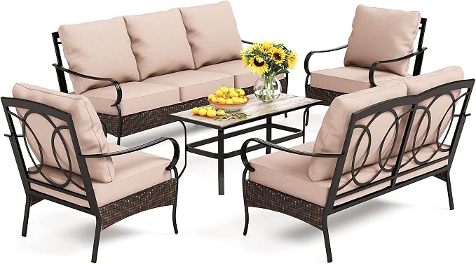 PHI VILLA Outdoor Patio Furniture Set，Premium Rattan Wicker Metal Patio Conversation Sets for Backyard w/Coffee Table, Seat Cushions