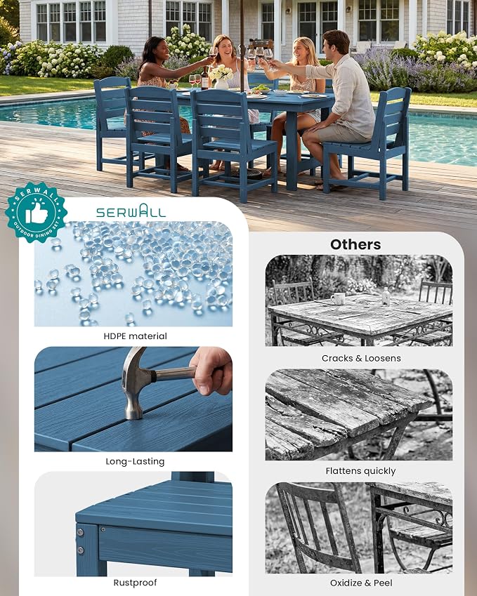 SERWALL HDPE Outdoor Dining Set for 10 with 2 Tables & 10 Chairs, Blue | 12-Piece HDPE Outdoor Dining Set for 10, All-Weather Resistant Dining Furniture