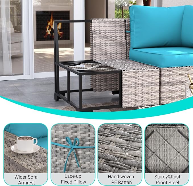 10-Piece Outdoor Patio Furniture Set with Rocking Swivel Chair, PE Wicker Rattan Sectional Sofa Patio Conversation Set with 55,000 BTU Fire Pit Table & Coffee Table, Turquoise