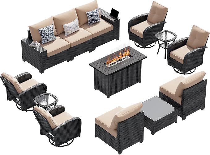 LazySunsets 13 PCS Patio Furniture Set with 44'' Fire Pit Table, Outdoor Sectional All-Weather Wicker Conversation Set with Swivel Rocker Chairs, 4'' Thick Cushions for Backyard Poolside(Cream/Black)