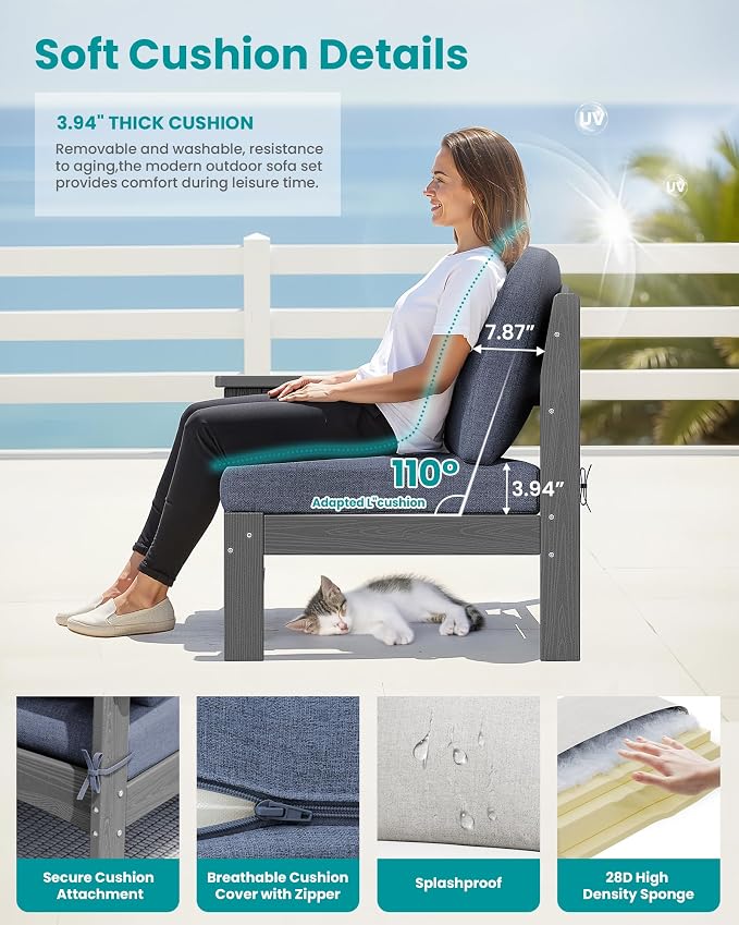 SERWALL 5-Piece Patio Sofas, All-Weather HDPE Outdoor Sectional Sofa with Cushions and Coffee Table, Large Modular Patio Conversation Set for Garden, Lawn, Deck, Porch, Grey Frame with Grey Cushion