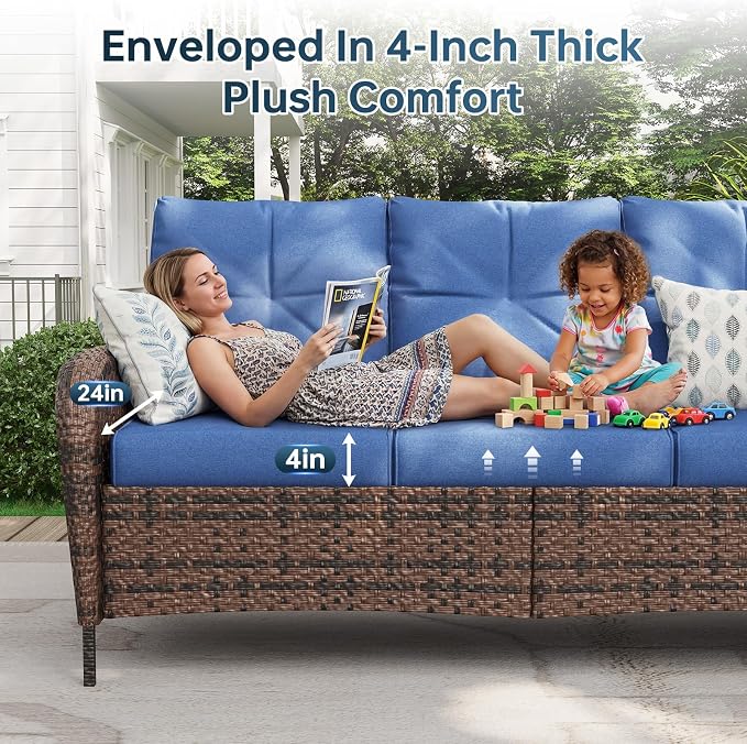 LazySunsets Luxury 12-Piece Patio Furniture Set with 44'' Fire Pit Table, 360° Swivel Chairs, Wicker Rattan Sofa & Thick Cushions, Outdoor Conversation Set for Backyard, Poolside, Brown/Navy Blue