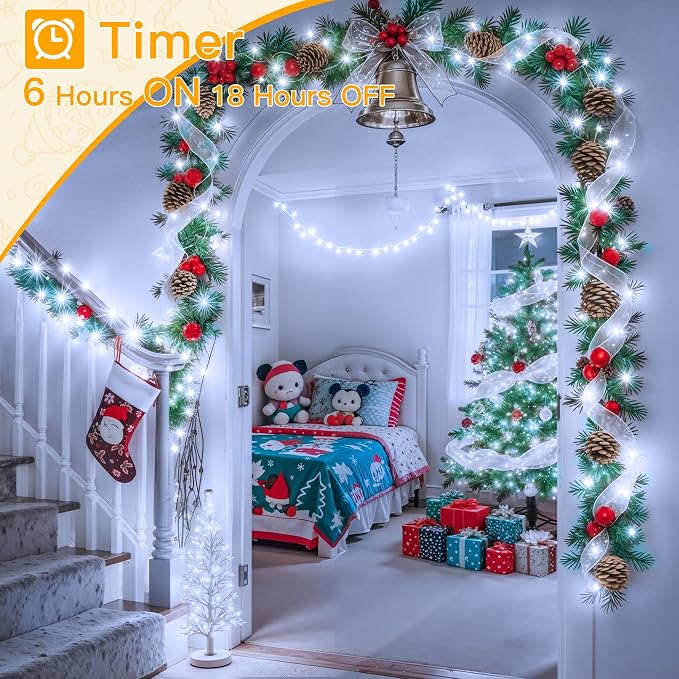 Ollny Christmas Lights 200LED 60FT Indoor, Cool White Connectable Plug in String Light Outdoor, 8 Modes Waterproof Timer LED Fairy Lights for House Outside Bedroom Patio Balcony