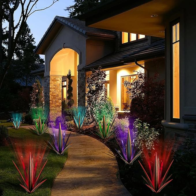KODIBO 24" Large Metal Agave Plant Outdoor Decor with Solar Light, Blue | Outdoor Solar Light, Multicolor Lamp, Rust-Resistant Metal, Hand-Painted Finish, Tequila Sculpture, Garden Yard Patio Decor