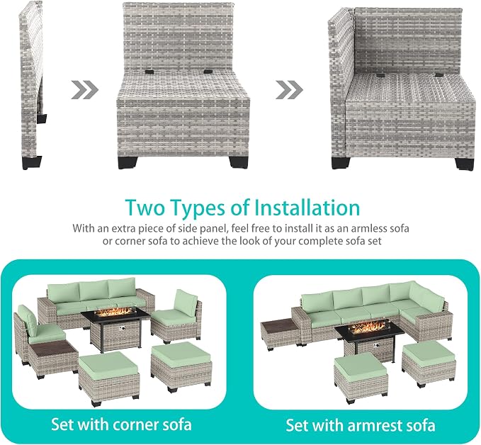 9-Piece Outdoor Patio Furniture Set with 55,000 BTU Fire Pit Table, PE Wicker Rattan Sectional Sofa Patio Conversation Set with Ottomans & Coffee Table, Light Green