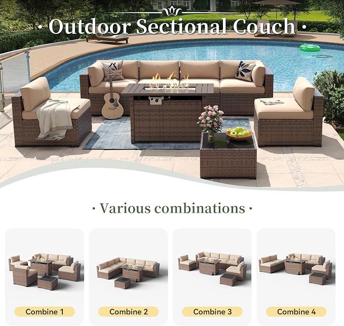 Aoxun 8 Piece Patio Furniture Set with 44” Fire Pit Table Wicker Rattan Outdoor Sectional Sofa Set with Coffee Table and Thickened Cushions, Beige