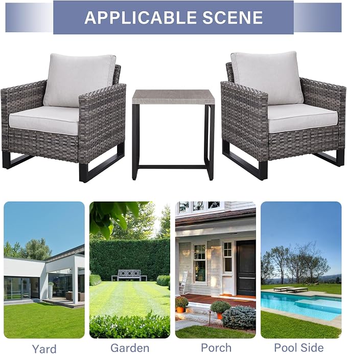 Luxury Wicker Outdoor Patio Chairs Set - 3 Piece Rattan Patio Furniture Bistro Chairs Set with Waterproof Wicker,Comfortable Cushions and Sturdy Metal Frame for Porch Deck Backyard(Mixed Grey/Beige)