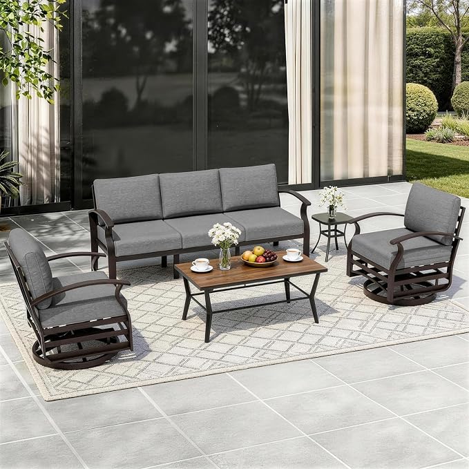 ALAULM Aluminum Patio Furniture Set with Coffee Table Rectangular, 5-seat Outdoor Sectional Furniture w/2 Swivel Chairs, Patio Conversation Set for Porch, Backyard, Poolside-Grey