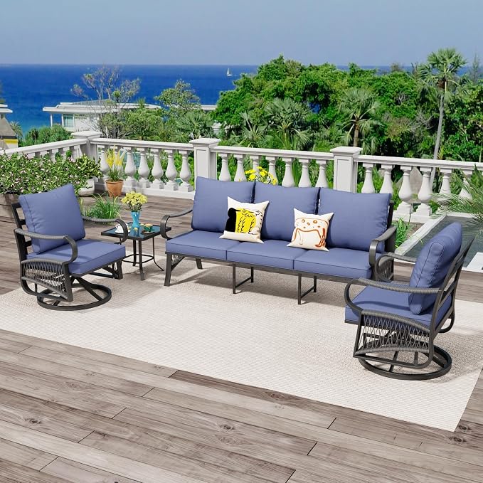 4 Piece Patio Furniture Set, All Weather Metal Outdoor Conversation Set with Swivel Chairs, Thick Cushions and Coffee Table for Garden, Porch, Lawn, Blue