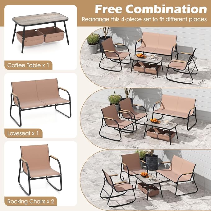 Tangkula 8 Pieces Patio Furniture Set with 2 Rocking Bistro Chairs, Outdoor Conversation Set with 2-Tier Coffee Table and Breathable Fabric Chairs for Porch, Garden, Lawn and Backyard (2, Brown)