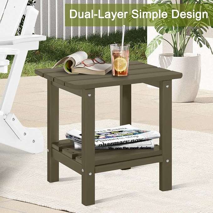Adirondack Outdoor Side Table, 2-Tier Small Patio End Table, Weather Resistant HDPE Outdoor End Tables for Garden, Lawn, Pool, Beach, Porch, Deck, Backyard - Square, Light Brown