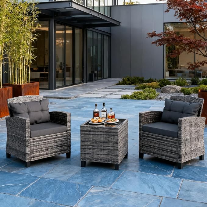 JAMFLY 3 Piece Wicker Patio Furniture Set - Outdoor Rattan Conversation Set with Soft Cushions & Glass Coffee Table for Balcony, Porch, Small Backyard - All Weather Grey Bistro Set, Grey