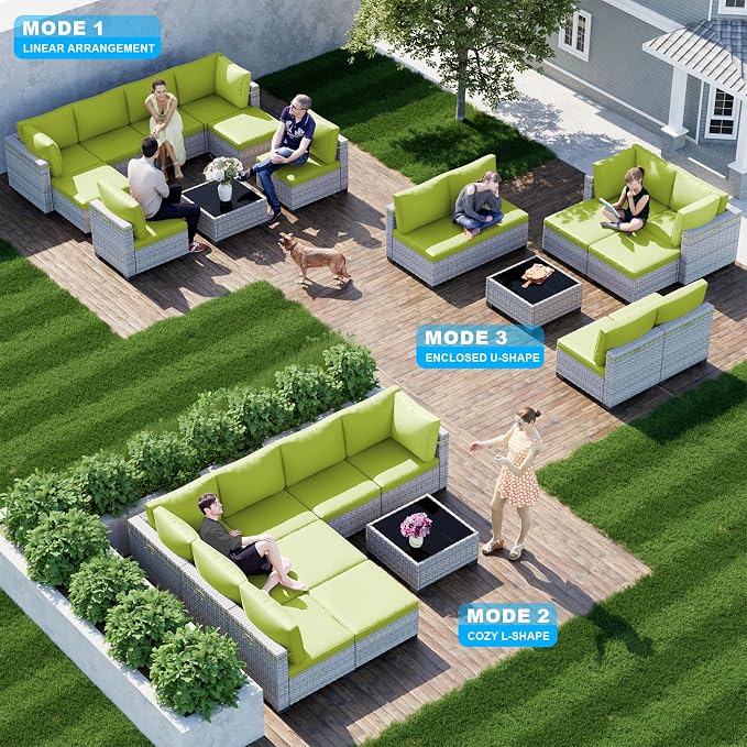 9-Piece Patio Furniture Set, Outdoor with Ottomans, Modular Patio Sofa, Dual-Strand Wicker Rattan, Rust-Resistant Frame, Backyard Furniture for Garden, Deck, Grass Green