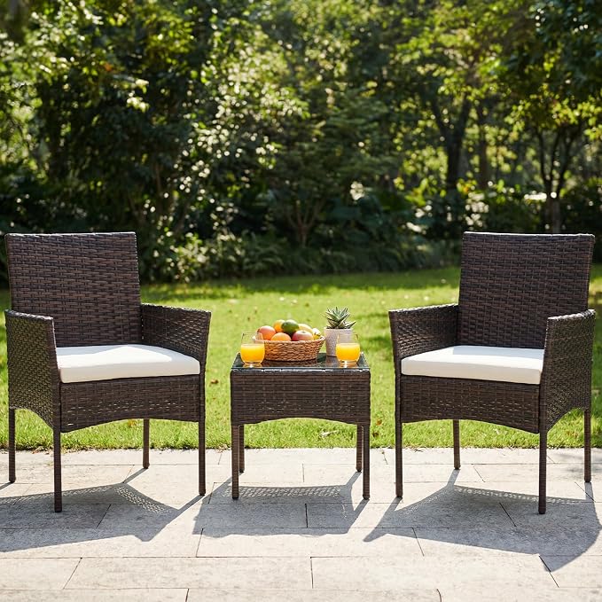 DUMOS 3-Piece Patio Furniture Set, All-Weather Outdoor Wicker Chairs with Removable Cushions & Tempered Glass Table, Small Bistro Set for Porch, Balcony, Lawn, Backyard, Brown