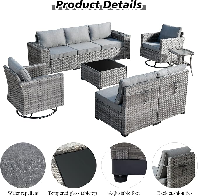 HOOOWOOO Outdoor Patio Sectional Furniture Sofa Set with Fire Pit Table,10 Piece Modern Wicker Couch with Swivel Chairs,Modular Conversation Seating Set with Widened Armrest for Garden(Dark Grey)