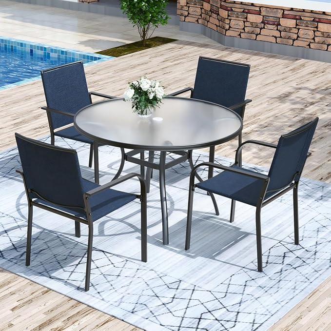 Anmutig 5-Piece Outdoor Patio Dining Set, 40-Inch Round Glass Table with 4 Stackable Chairs,Navy