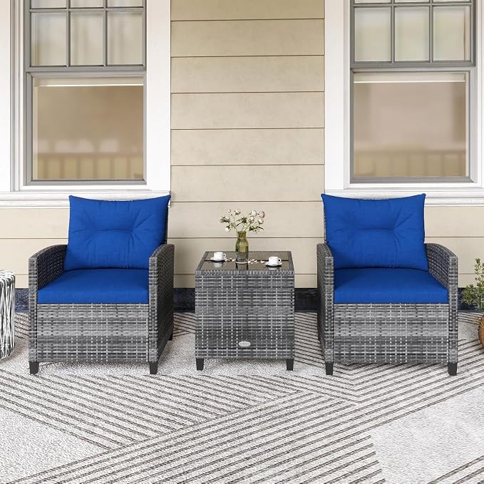 LDAILY Patio Furniture Set, 3 Pieces PE Rattan Wicker Patio Sofa Chairs with Washable Cushion & Glass Table, Outdoor Furniture Conversation Sets for Porch, Balcony, Garden, Poolside (Navy)