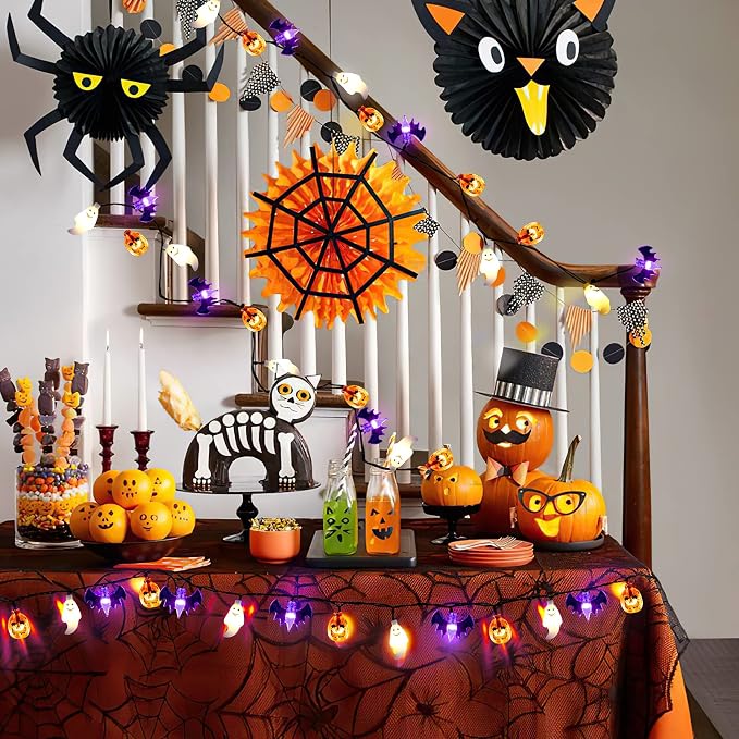 Mosoan Halloween Lights, 20Ft 30 LED Pumpkin Ghost Bat String Lights Battery Operated with Timer, 8 Light Modes Halloween Fairy Lights for Indoor Outdoor Party Home Yard Window Decor