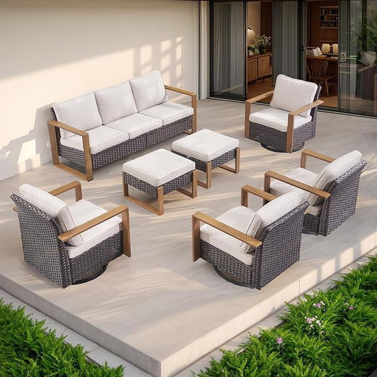 Rilyson Outdoor Wicker Patio Furniture Set - 7 Piece Patio Conversation Set with 4 Wicker Swivel Rocker Chairs,2 Rattan Ottoman and 1 Couch,Thick Cushions,Deep Seating,Wide Armrest(Brown/Beige)