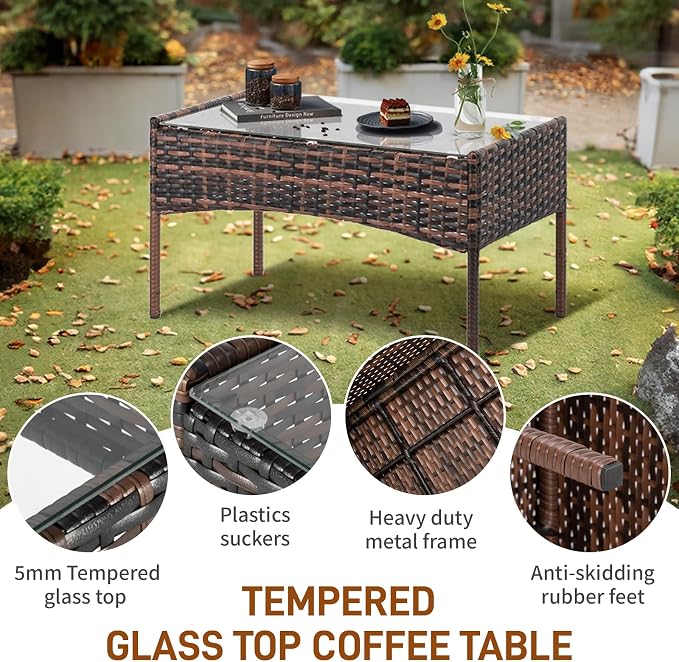 Outvita 4 Pieces Patio Furniture Set, Rattan Conversation Sets with Loveseat Soft Cushion and Glass Table for Garden Backyard Balcony Porch Poolside(Brown Gradient)