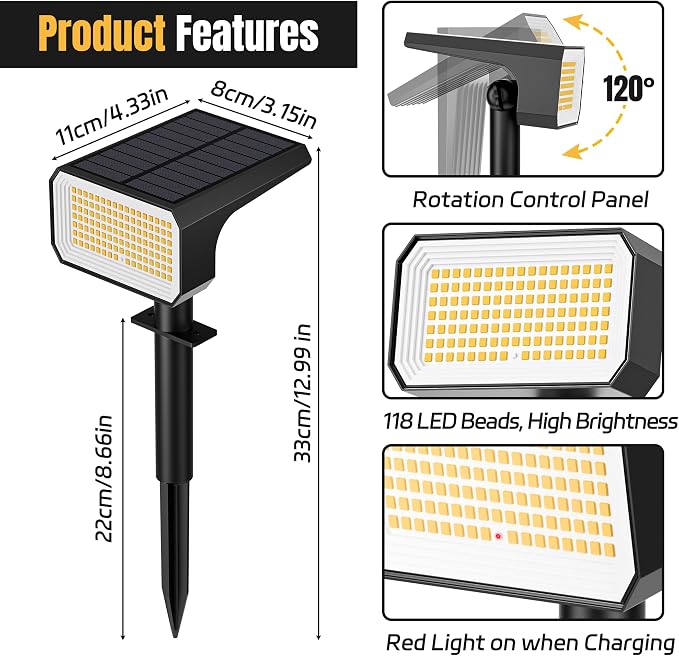 Solar Spot Lights Outdoor Waterproof, 6 Pack, 118 LED Warm White | IP67, 4 Modes Auto On/Off, for Yard Garden Pathway Walkway Tree Patio Driveway