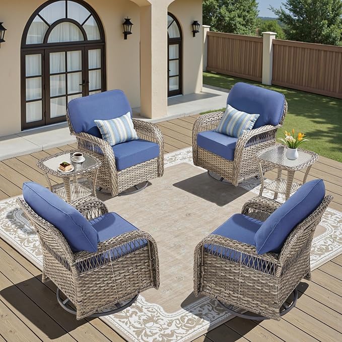 Patio Furniture Sets, 6 PCS Wicker Outdoor Furniture with Patio Sidetables - Patio Swivel Rocking Chairs and Rattan Side Table for Garden, Porch, Backyard, Blue/Gray Wicker