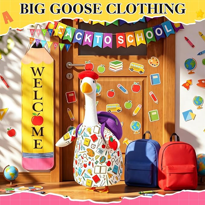 FuWeave Back to School Porch Goose Outfit Set for Plastic Statue Lawn Porch Goose Clothes with Schoolbag for Patio Decor