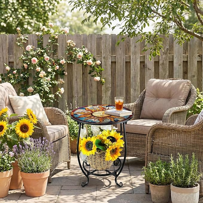Cinnvoice Outdoor Side Table Round Small Mosaic Patio Accent Indoor End Plant Coffee Tea Table for Yard Patio Porch Garden Living Room, Bedroom(Sun Style,14 Inch)